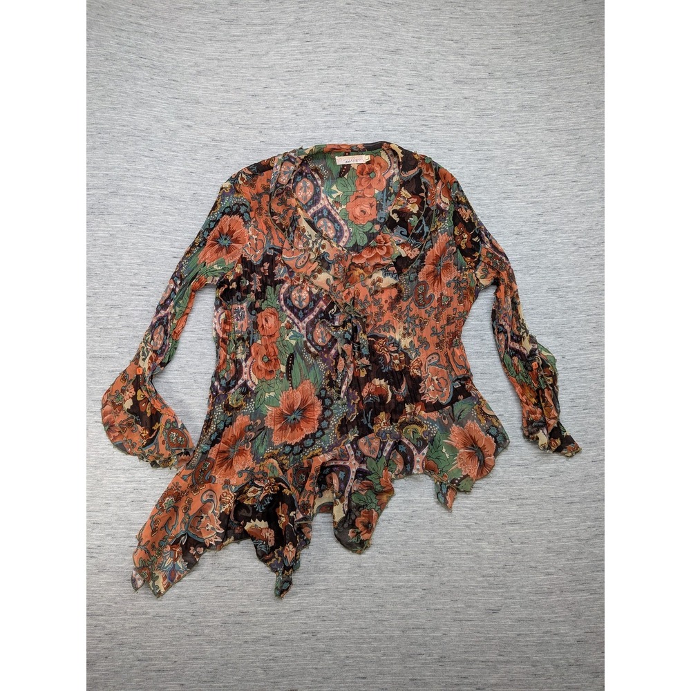 Pretty Angel‎ Blouse Womens Small Floral Boho Sheer Handkerchief Silk Artsy